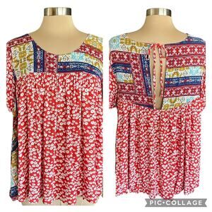Easel Multiprint Patchwork Boho Top Relaxed Fit Sz M Casual Spring Summer Gypsy